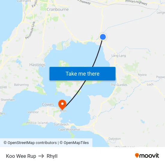 Koo Wee Rup to Rhyll map