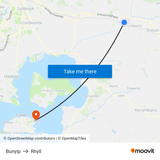 Bunyip to Rhyll map