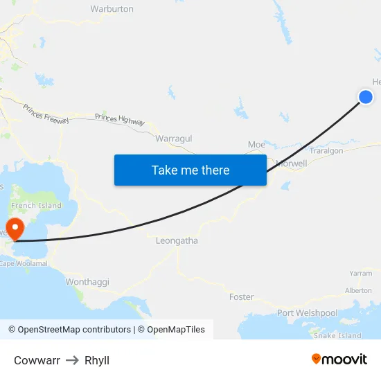 Cowwarr to Rhyll map