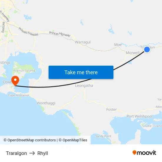 Traralgon to Rhyll map