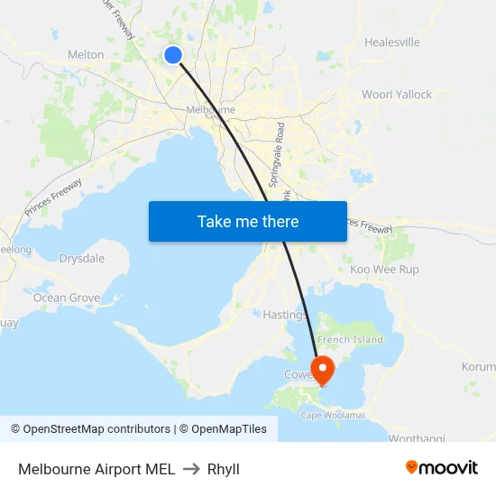 Melbourne Airport MEL to Rhyll map