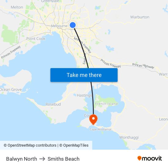 Balwyn North to Smiths Beach map