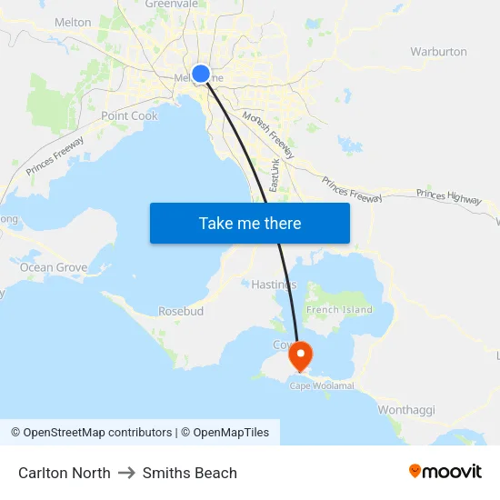 Carlton North to Smiths Beach map