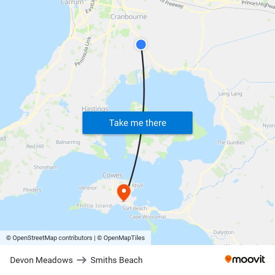 Devon Meadows to Smiths Beach map