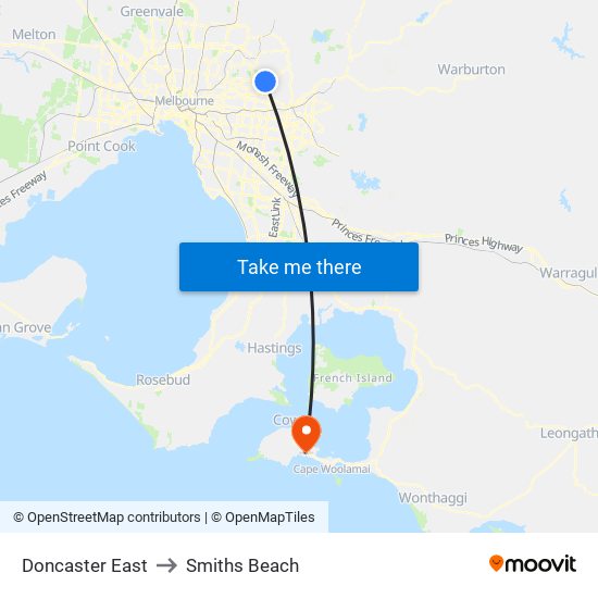 Doncaster East to Smiths Beach map