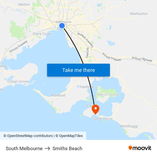 South Melbourne to Smiths Beach map