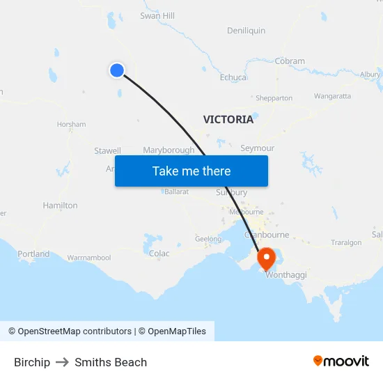 Birchip to Smiths Beach map