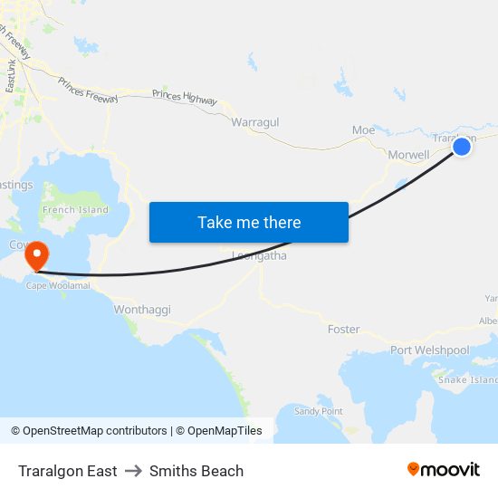 Traralgon East to Smiths Beach map