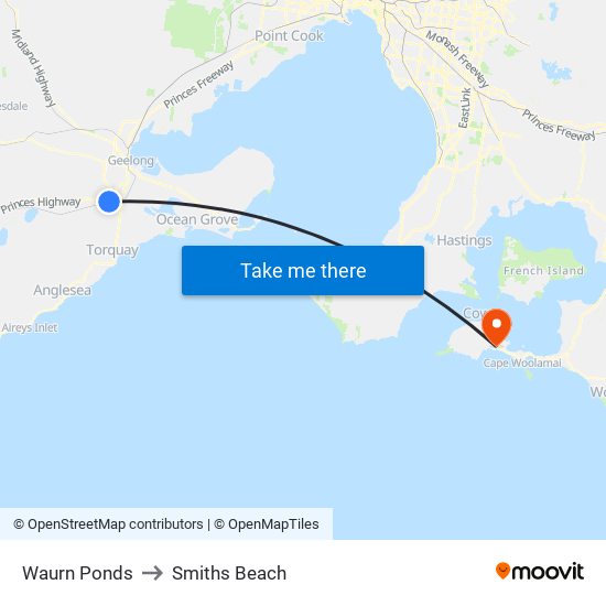 Waurn Ponds to Smiths Beach map
