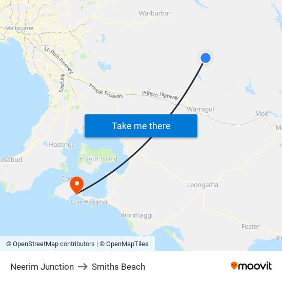 Neerim Junction to Smiths Beach map