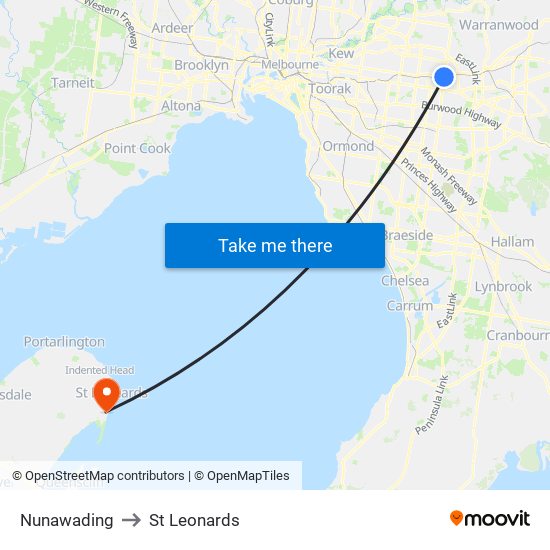 Nunawading to St Leonards map