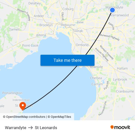 Warrandyte to St Leonards map