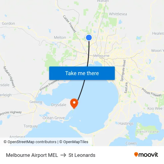 Melbourne Airport MEL to St Leonards map