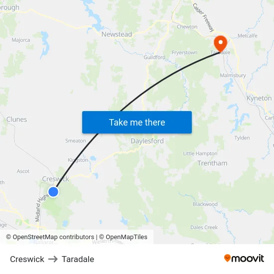 Creswick to Taradale map