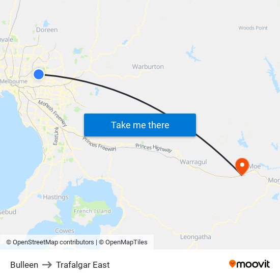 Bulleen to Trafalgar East map