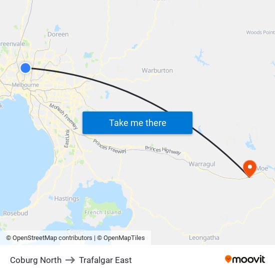 Coburg North to Trafalgar East map