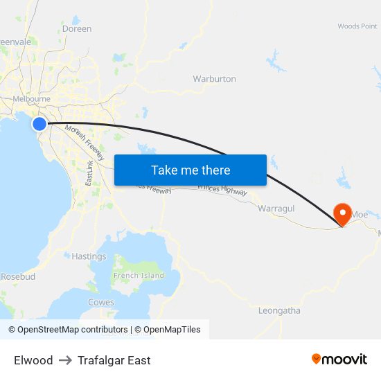 Elwood to Trafalgar East map