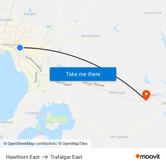 Hawthorn East to Trafalgar East map