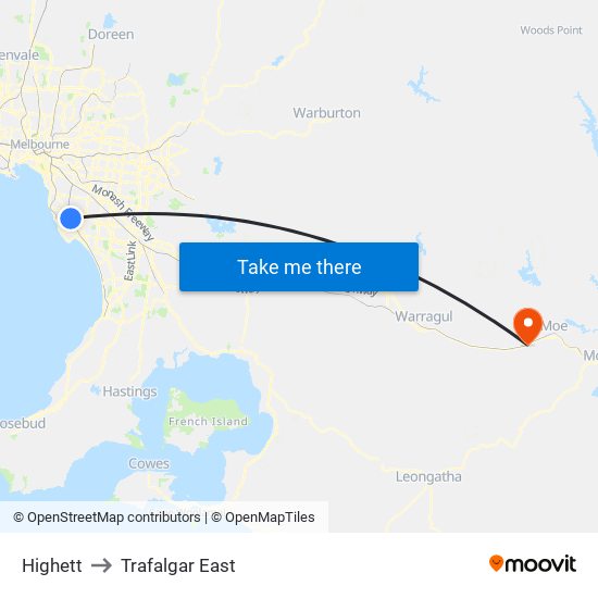 Highett to Trafalgar East map