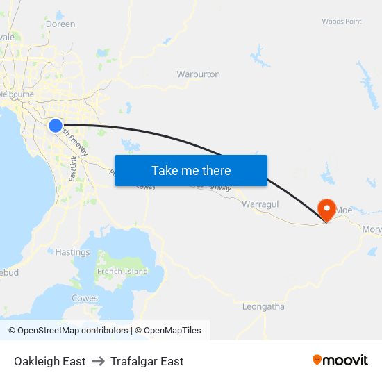 Oakleigh East to Trafalgar East map