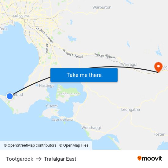 Tootgarook to Trafalgar East map