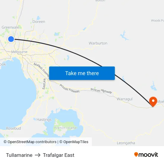 Tullamarine to Trafalgar East map