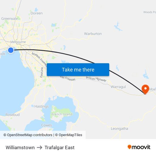 Williamstown to Trafalgar East map