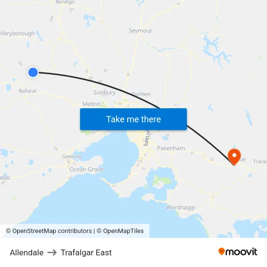 Allendale to Trafalgar East map