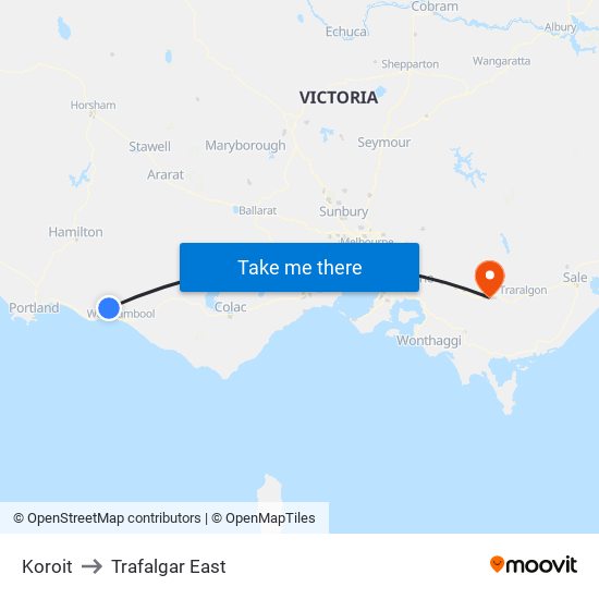 Koroit to Trafalgar East map