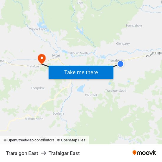 Traralgon East to Trafalgar East map