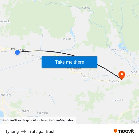 Tynong to Trafalgar East map