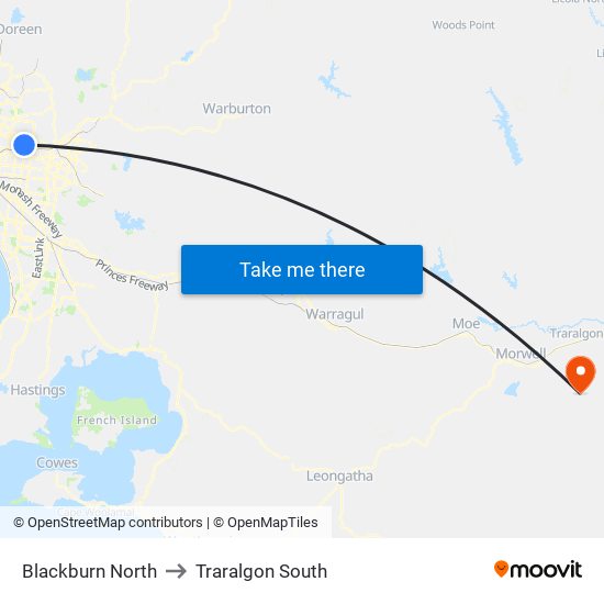 Blackburn North to Traralgon South map