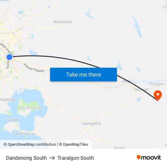 Dandenong South to Traralgon South map