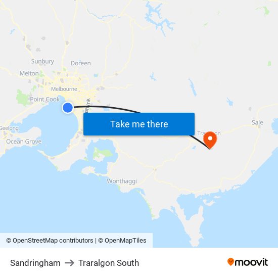 Sandringham to Traralgon South map