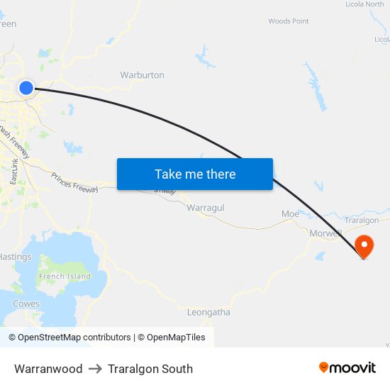 Warranwood to Traralgon South map