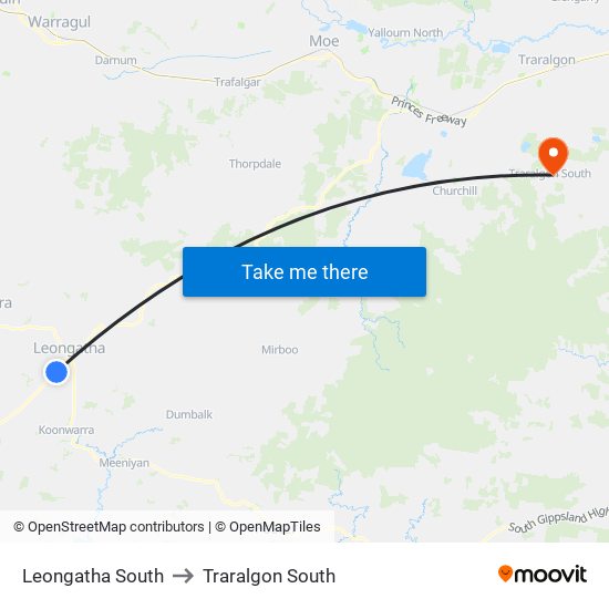Leongatha South to Traralgon South map