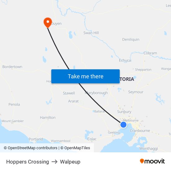 Hoppers Crossing to Walpeup map