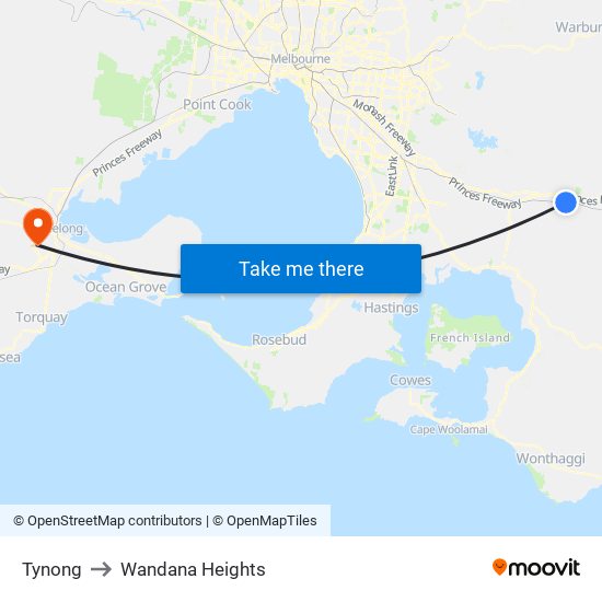 Tynong to Wandana Heights map