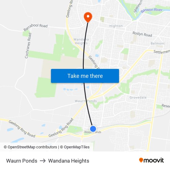 Waurn Ponds to Wandana Heights map