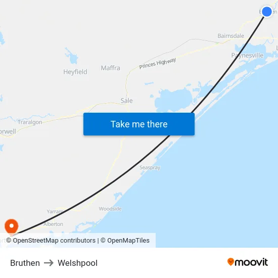 Bruthen to Welshpool map