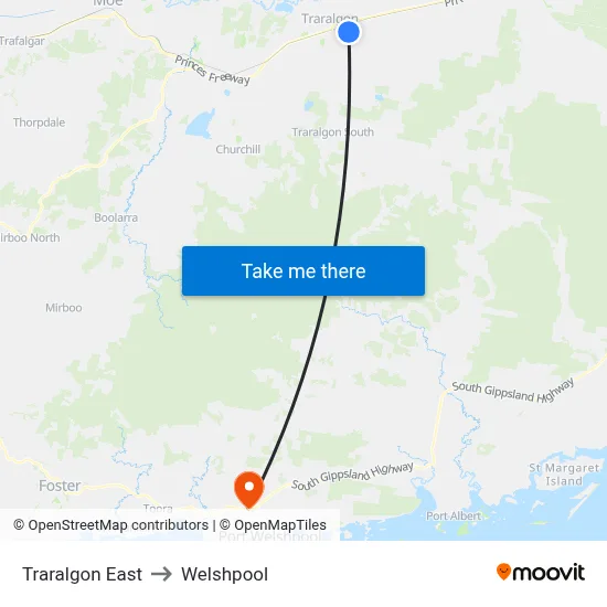 Traralgon East to Welshpool map