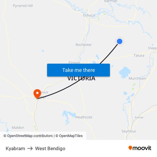 Kyabram to West Bendigo map