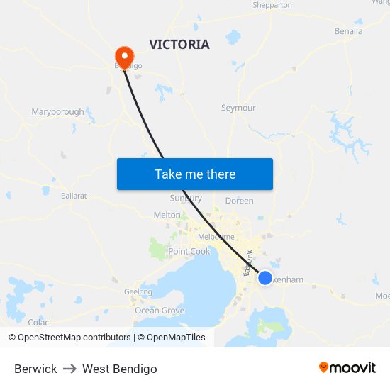 Berwick to West Bendigo map