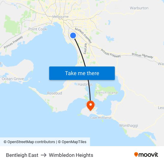 Bentleigh East to Wimbledon Heights map