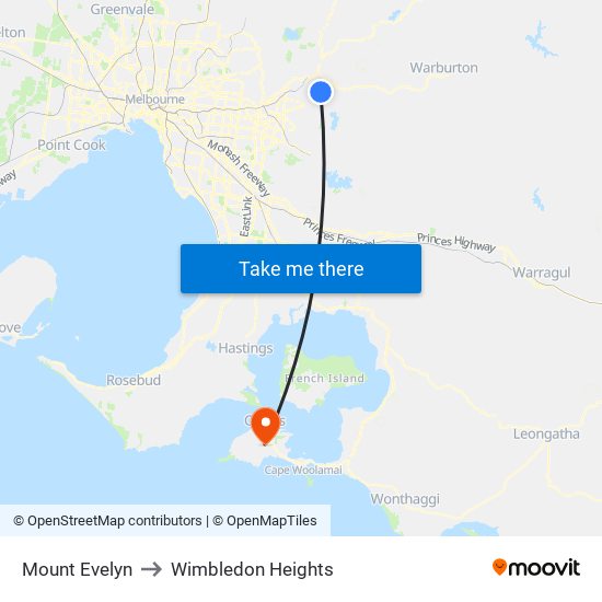 Mount Evelyn to Wimbledon Heights map