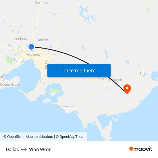 Dallas to Won Wron map