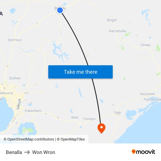 Benalla to Won Wron map