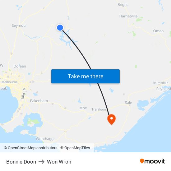 Bonnie Doon to Won Wron map