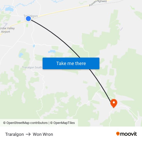 Traralgon to Won Wron map