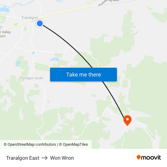 Traralgon East to Won Wron map
